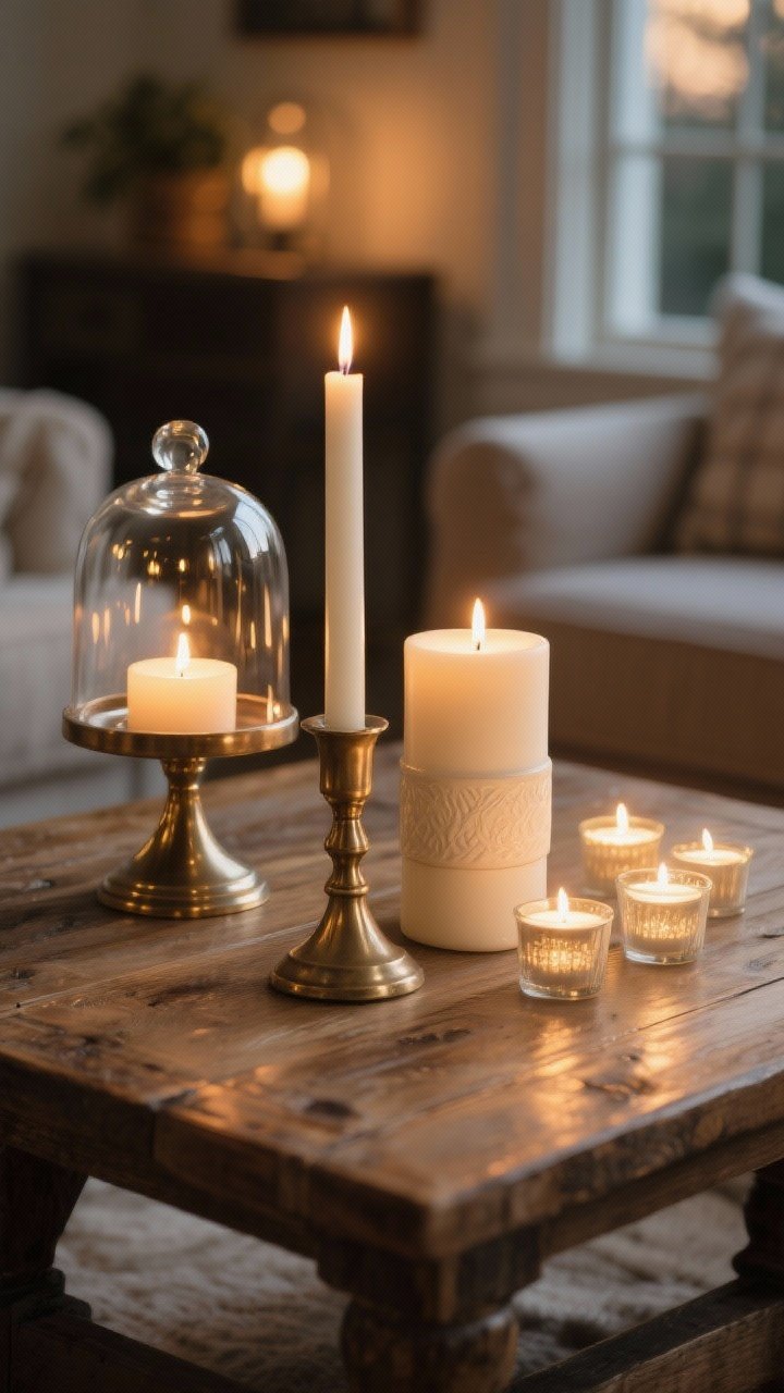 Photorealistic closeup detail of layered candlelight on a farmhouse coffee table: a tall taper in a brushed brass holder beside a squat ceramic pillar candle and a few tea lights, all in warm white/cream tones. Incorporate reflective elements—a glass cloche and metallic holder—to amplify the glow. Scene includes subtle LEDs for a safe flameless option with realistic flicker. Low, evening ambient lighting with warm, golden color temperature to create a cozy glow that pools on wood grain. Tight composition focusing on varying heights, reflections, and soft shadows, no people.