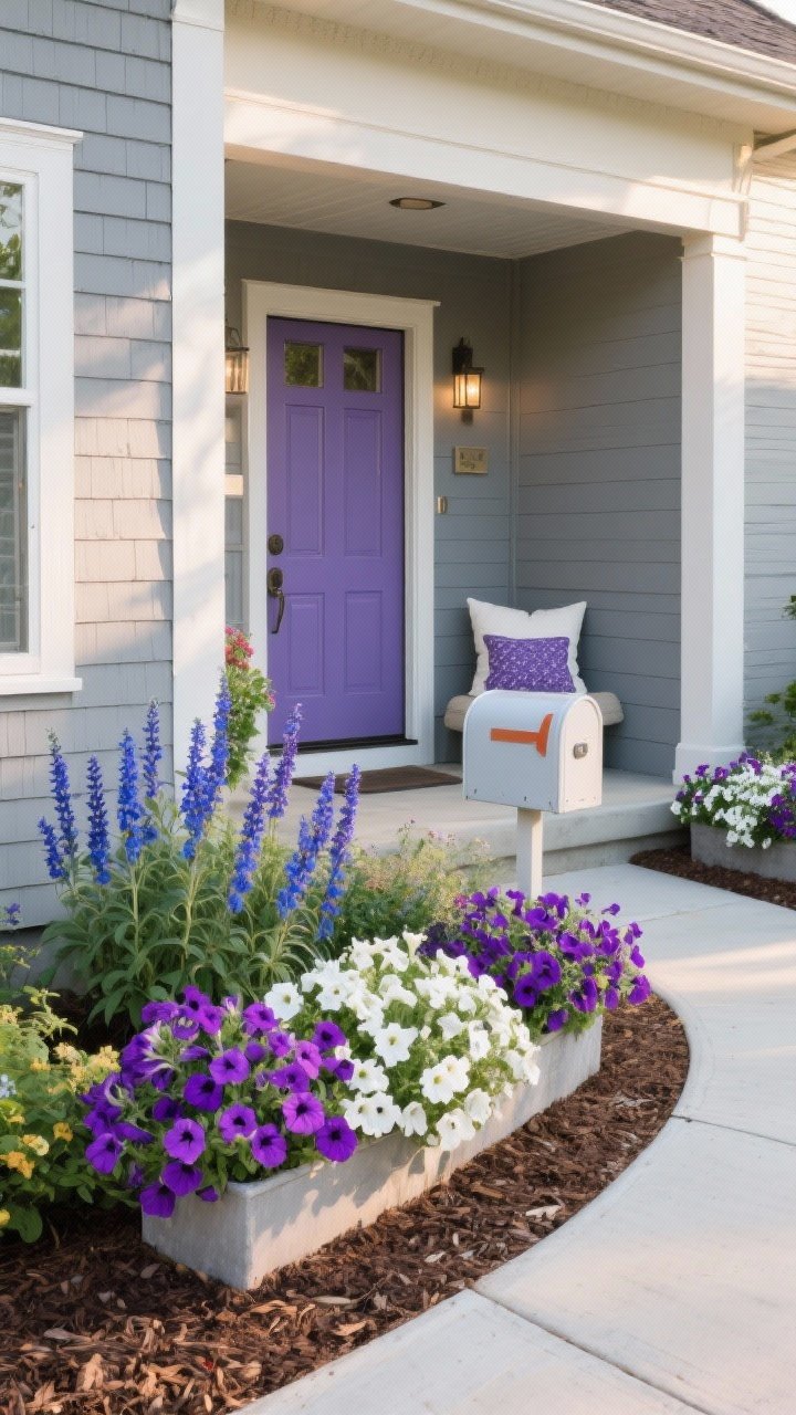 Photorealistic closeup/detail of seasonal color strategy: a coordinated palette echoing a cool gray siding—planters and bed edges featuring purples, whites, and blues (lavender, white petunias, blue salvia); a front door in a complementary hue repeated in a small porch pillow; annuals clustered at high-visibility spots like the mailbox bed and the curve of the walkway; shallow depth of field, late-afternoon warm light, neat mulch