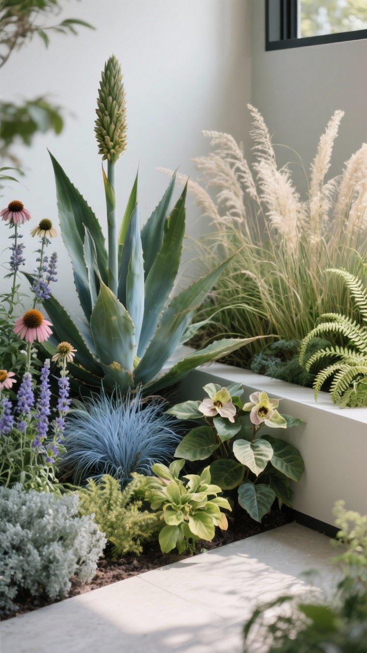 Photorealistic closeup detail of the bonus plant palette ideas arranged as a modern sample vignette: architectural cluster with agave, phormium, yucca, and blue fescue; adjacent “soft modern” grouping of miscanthus, nepeta, coneflower, and Russian sage; and a shaded corner featuring hosta, Japanese forest grass, hellebore, and ferns; emphasis on varied leaf forms, textures, and bloom shapes; shallow depth of field, soft diffused light to showcase palette diversity.