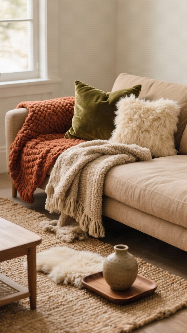Photorealistic closeup detail shot: a small living room sofa corner layered with textures—one chunky knit throw draped casually over a warm neutral linen sofa, a second soft fleece throw peeking beneath; three throw pillows in mixed fabrics and sizes: matte olive velvet, creamy faux fur, and natural linen; in front, a flatweave rug in oat tones topped with a fluffy faux-sheepskin accent; a small wood tray with a ceramic vase adds contrast. Palette tight: warm neutrals with a pop of rust and olive. Soft natural window light, shallow depth of field emphasizing nubby, plush, and woven textures. No people.