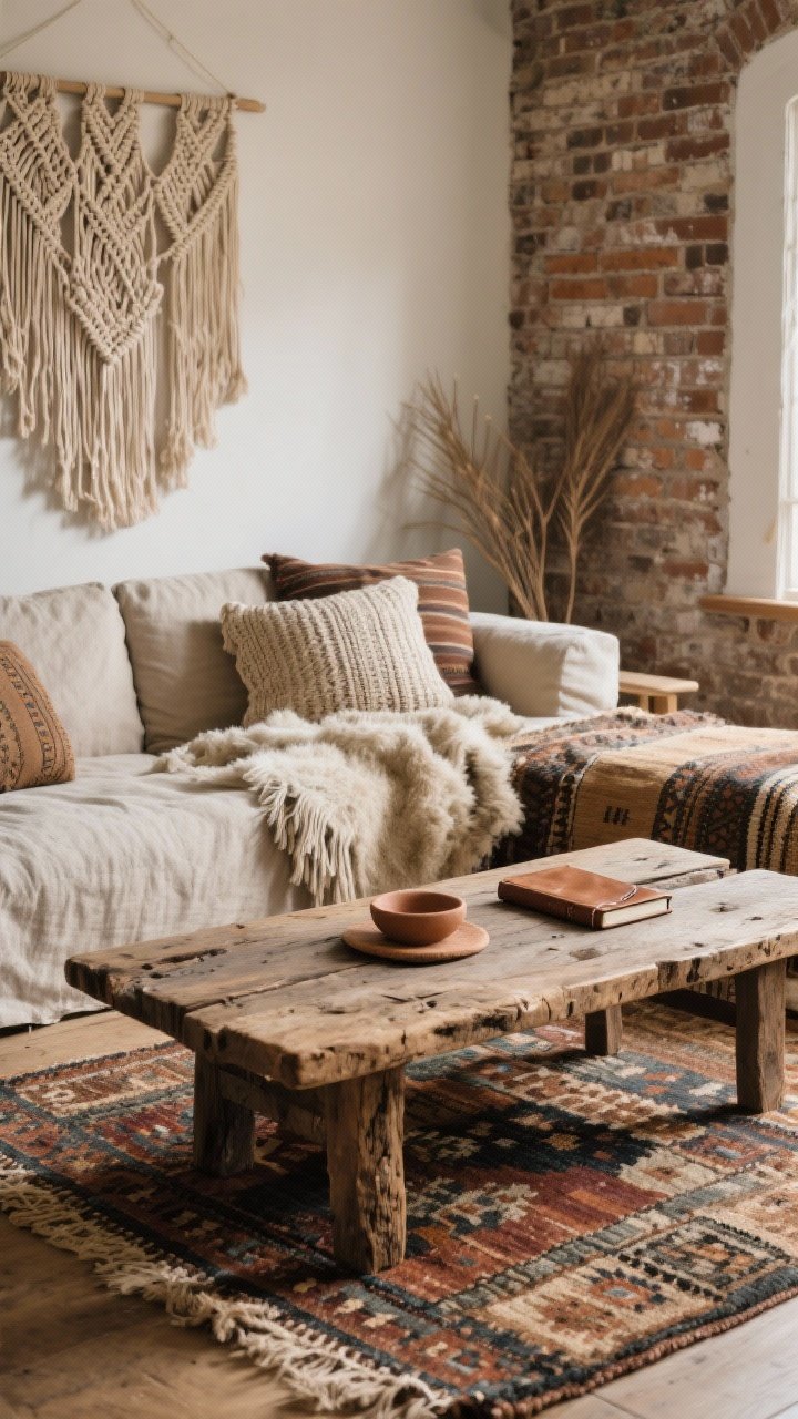 Photorealistic closeup detail shot from a cozy living room: a raw reclaimed-wood coffee table on a handwoven kilim rug, styled with a rough clay coaster and a small leather-bound journal; surrounding textures include a linen slipcovered sofa with chunky knit blankets, fringed pillows, and mudcloth accents; a macramé wall hanging drapes near a section of exposed brick; a soft sheepskin throw overlaps a jute rug edge; warm natural daylight from the side rakes across the rough wood grain to emphasize “texture on texture,” with a few surfaces left intentionally raw so the soft textiles pop; corner angle composition