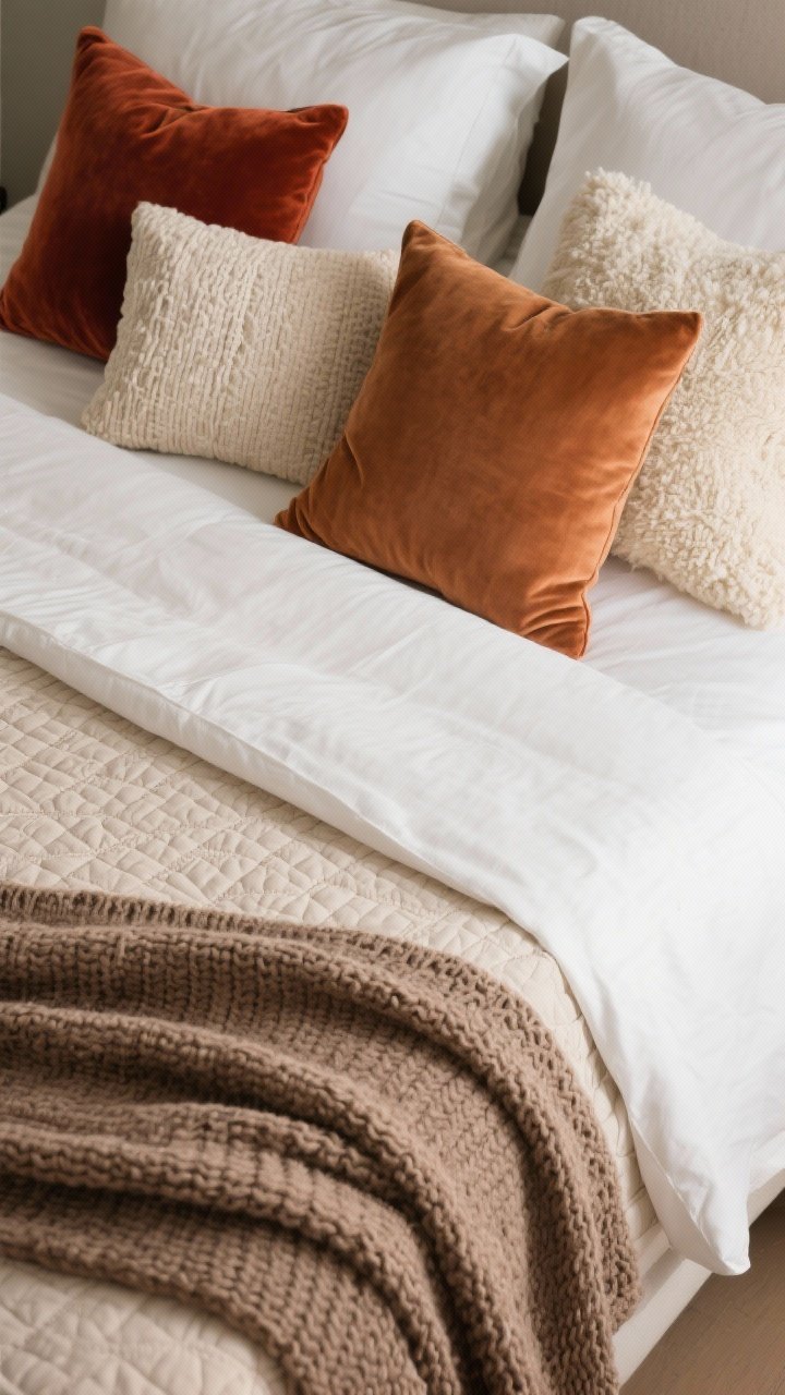 Photorealistic closeup detail shot from an angled overhead perspective of layered bed textures: crisp white percale sheets as the base, a folded halfway-down quilt or matelassé coverlet with subtle pattern in oatmeal, topped with a chunky knit throw in warm taupe draped at the foot for visual weight; pillow mix in a tight, coordinated palette—velvet in rust, linen in camel, and bouclé in cream; emphasize tactile weave, stitching, and knit texture with soft natural side lighting.