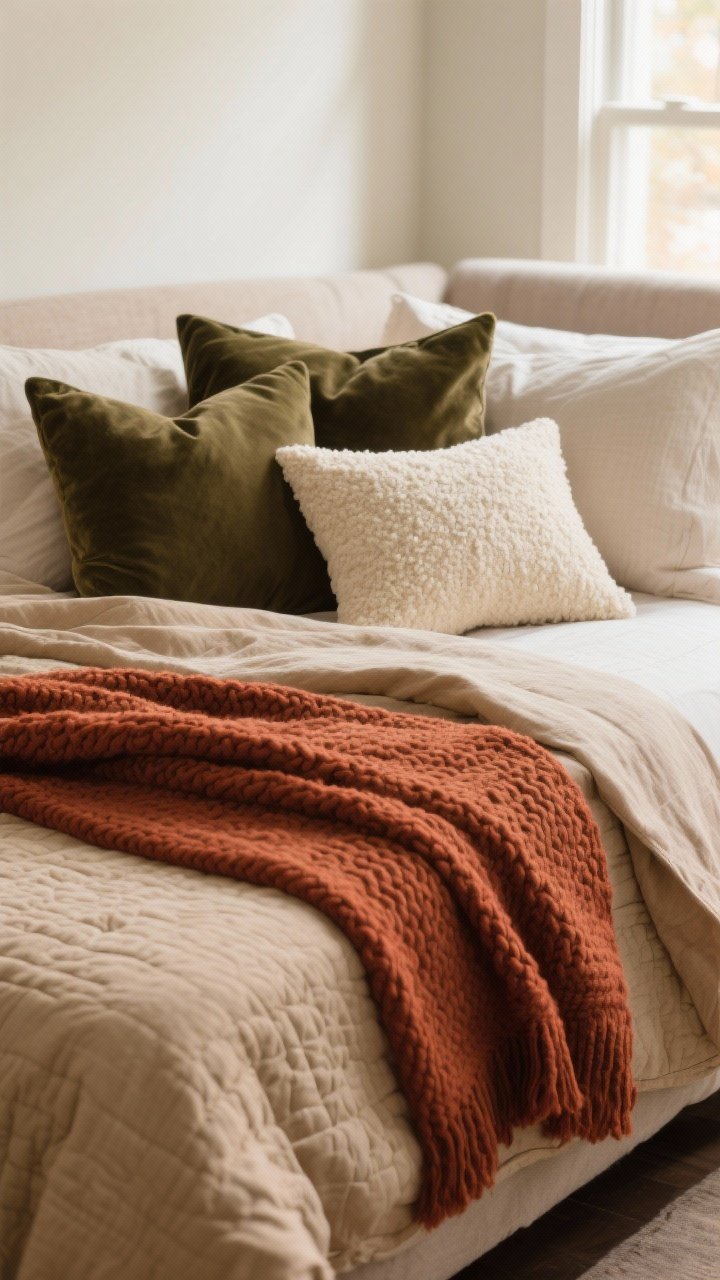 Photorealistic closeup detail shot of a fall bed stack focused on layered textures: breathable washed linen sheets in warm oatmeal, a mid-weight textured quilt in a solid earthy camel tone, casually draped cable-knit rust-colored throw at the foot, and a carefully mixed pillow set—linen shams, deep olive velvet euro pillows, and a cream bouclé lumbar pillow—soft natural window light grazing the fabrics to highlight weave and pile, tight warm-neutral color story with a single accent of rust, no people, shallow depth of field