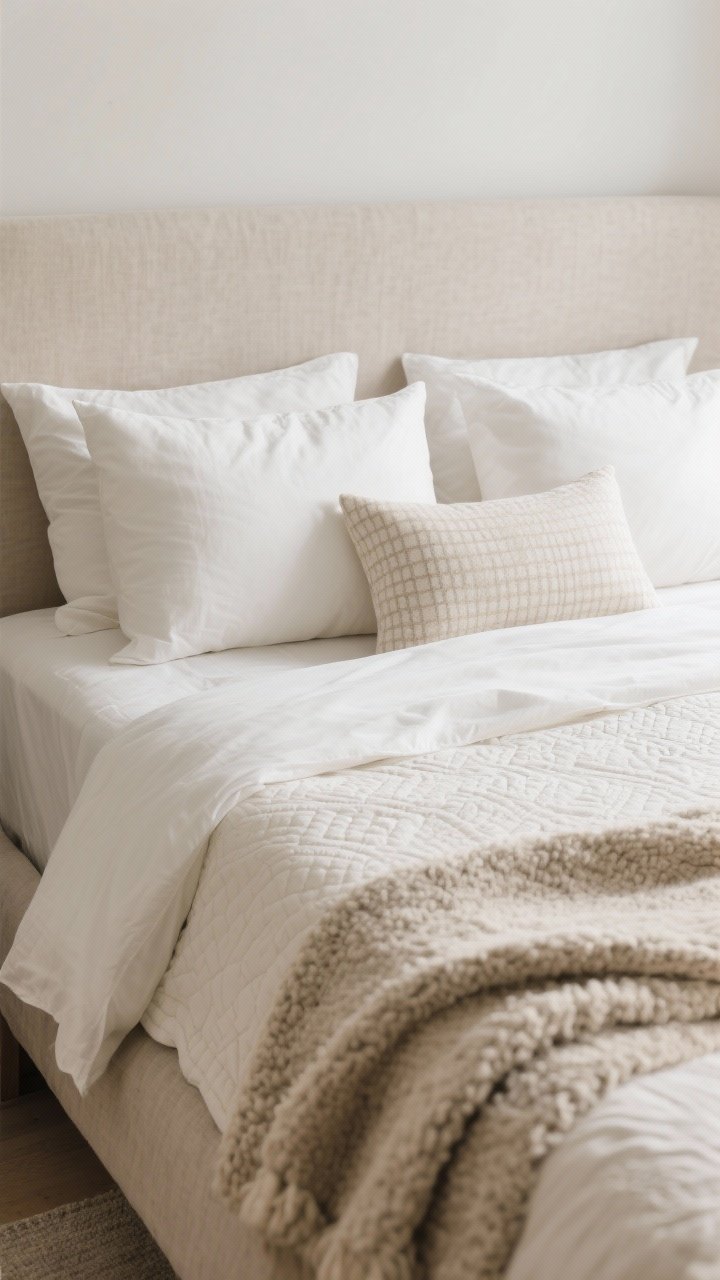 Photorealistic closeup detail shot of a modern fall bed stack, shot from a 45-degree angle at mattress height, focusing on layered textures: cool crisp linen sheets in warm white, a soft oat cotton sateen pillowcase peeking out, a lightweight ivory matelassé coverlet, and a thick bouclé or chunky knit throw folded at the foot of the bed; two warm white euro shams behind two standard pillows plus one long lumbar in subtle micro-check or tiny herringbone pattern; neutral palette with no loud plaid; soft natural morning light grazing the fabrics to highlight weave and texture; clean, uncluttered background with matte linen headboard
