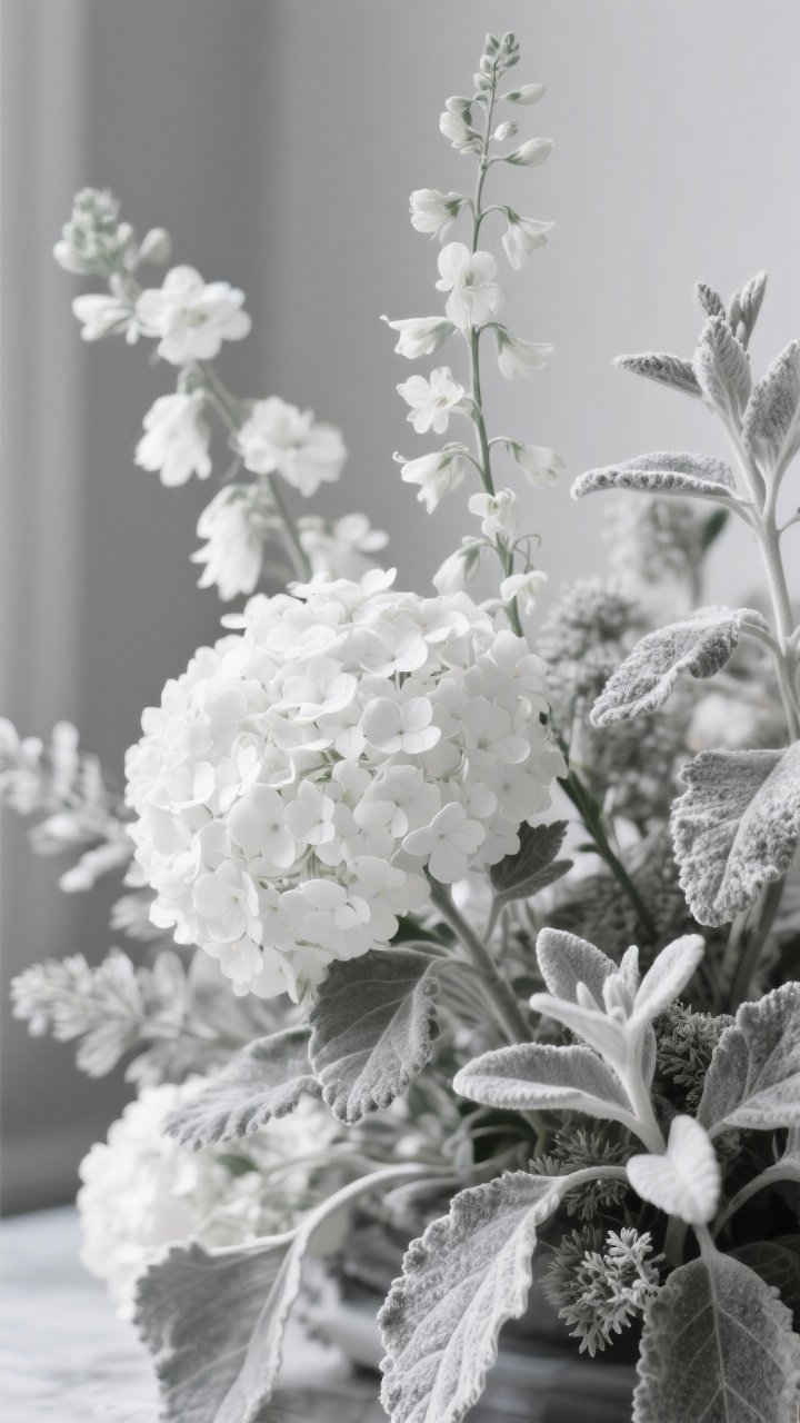Photorealistic closeup detail shot of a monochrome plant palette: a “whites + silver foliage” vignette featuring white hydrangea florets, gaura, white salvia, lamb’s ear, and dusty miller. Focus on textures—the velvety silver leaves against crisp white blooms. Shallow depth of field, soft overcast natural light to preserve subtle tones. Tight composition to emphasize repetition and calm, with muted background for a chic, curated look.