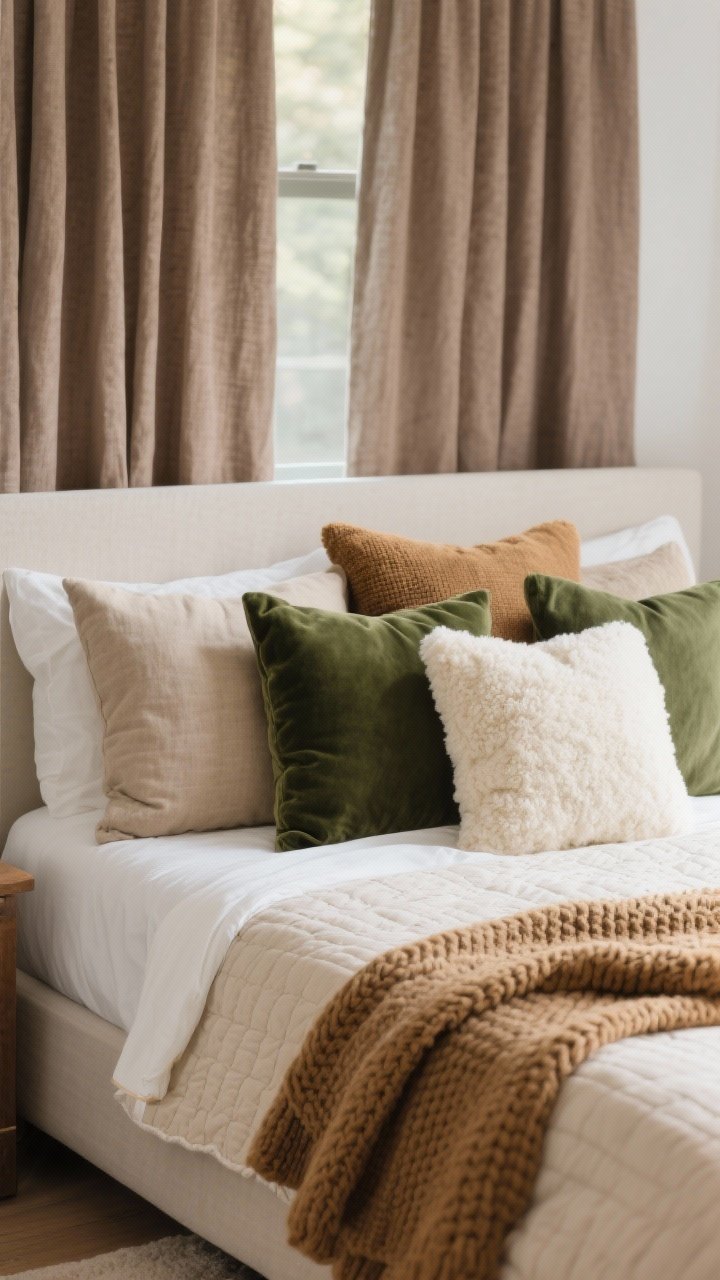 Photorealistic closeup detail shot of a small bed corner styled for fall texture layering: crisp white sheets peeking from under a lightweight oatmeal quilt, with a chunky camel knit throw loosely draped at the foot. A mix of pillows in linen (oatmeal), velvet (forest green), and sherpa (cream) stacked in front of a simple headboard. Heavier textured window panels in warm taupe softly blur in the background. Balanced finishes—matte linen against plush velvet—within a tight palette of camel, oatmeal, and forest green. Soft natural afternoon light grazing the fabrics to emphasize knit, bouclé, and flannel textures; no clutter, no excess throws.