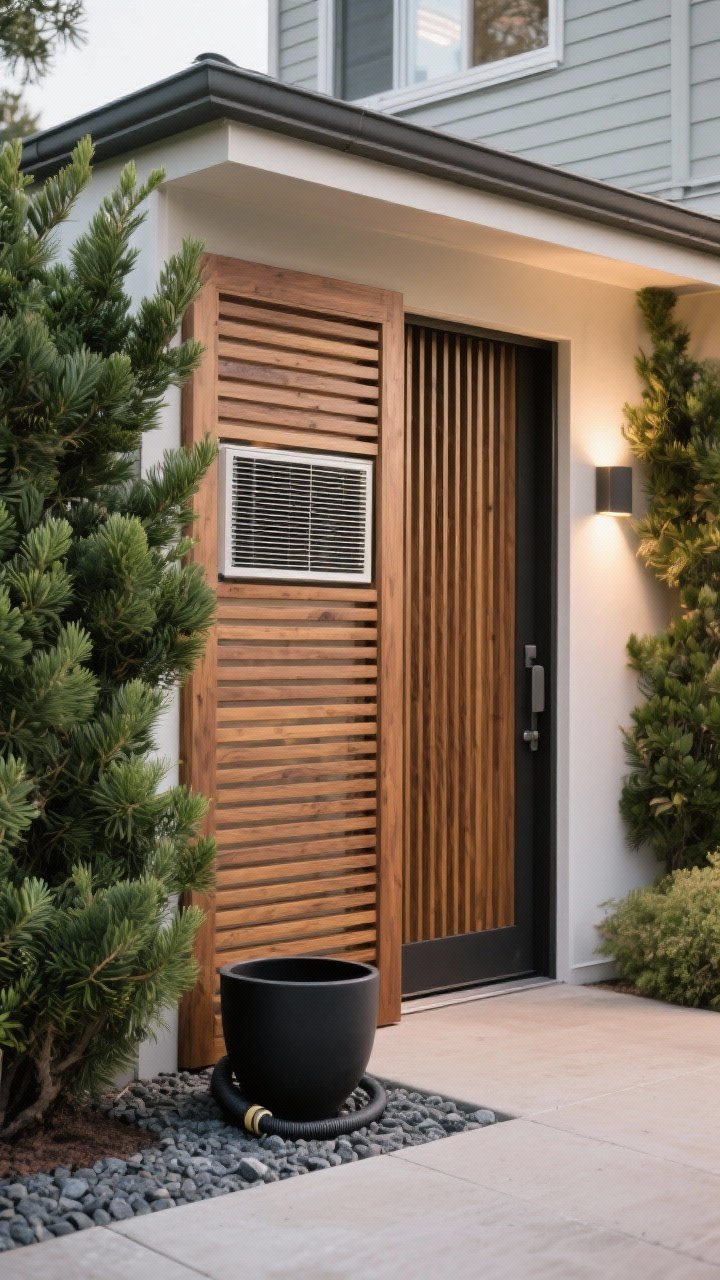 Photorealistic closeup detail shot of clever concealment: a slatted wood screen stained to match the home’s trim neatly hides an air conditioner, with a narrow access gate visible; flanking living screens of podocarpus provide lush privacy; a matte black hose pot sits nearby; clean gravel footing for maintenance access; soft side lighting emphasizing the linear pattern of slats and the fine texture of evergreen foliage.