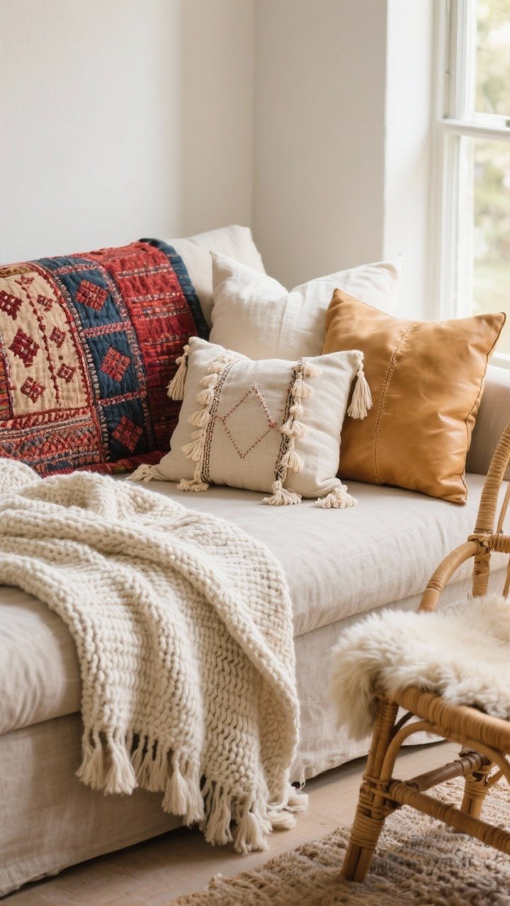 Photorealistic closeup detail shot of layered boho textures on a neutral linen sofa: chunky knit ivory throw draped casually, kantha quilt with hand-stitched patterns in muted reds and indigos tossed across the back, linen and cotton cushions in cream and mushroom with tassels, fringe, and subtle embroidery; a faux sheepskin laid over the arm of a rattan accent chair beside the sofa; buttery camel leather pillow for contrast. Soft natural afternoon light from a nearby window highlights nubby vs smooth surfaces, emphasizing balanced texture without clutter. No people.