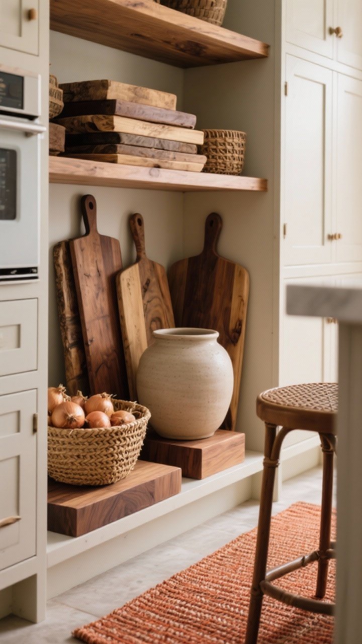 Photorealistic closeup detail shot of natural textures on open kitchen shelving: stacked vintage wood cutting boards, a wood riser elevating a neutral ceramic, a woven seagrass basket holding onions, and a cane-backed barstool partially visible at the frame edge; a flatweave runner in terracotta/rust on the floor below for a hint of color; mixed wood tones (walnut/acacia against lighter cabinetry) for contrast; soft side lighting to highlight grain, weave, and cane pattern; no people.