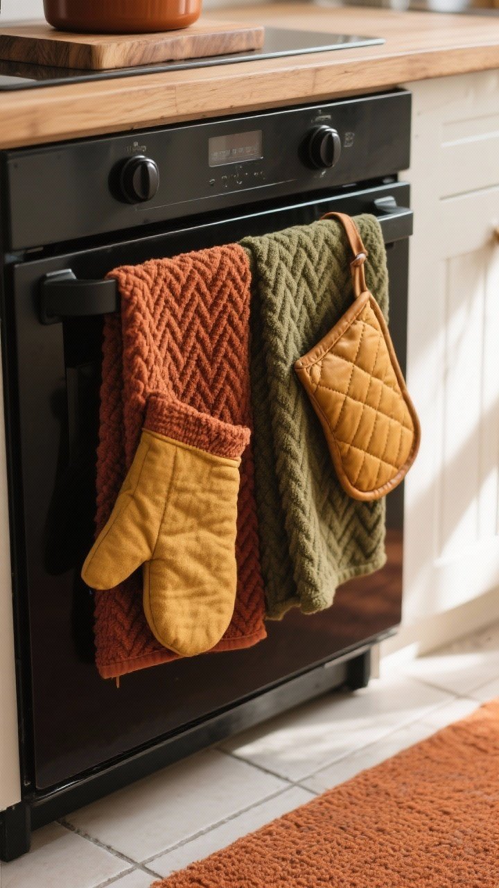 Photorealistic closeup detail shot of warm, textured kitchen textiles: a pair of hand towels in rust and olive with waffle and herringbone weaves draped over a matte black oven handle, a quilted mustard oven mitt and faux leather pot holder stacked on a butcher-block counter, and the edge of a terracotta-toned low-pile runner on a tiled floor with a thin non-slip pad just visible underneath. Soft afternoon natural light from the side highlights the fabric texture; color palette of rust, olive, mustard, terracotta, and warm neutrals. One patterned towel paired with two solid pieces; clean, cozy fall mood; no people.