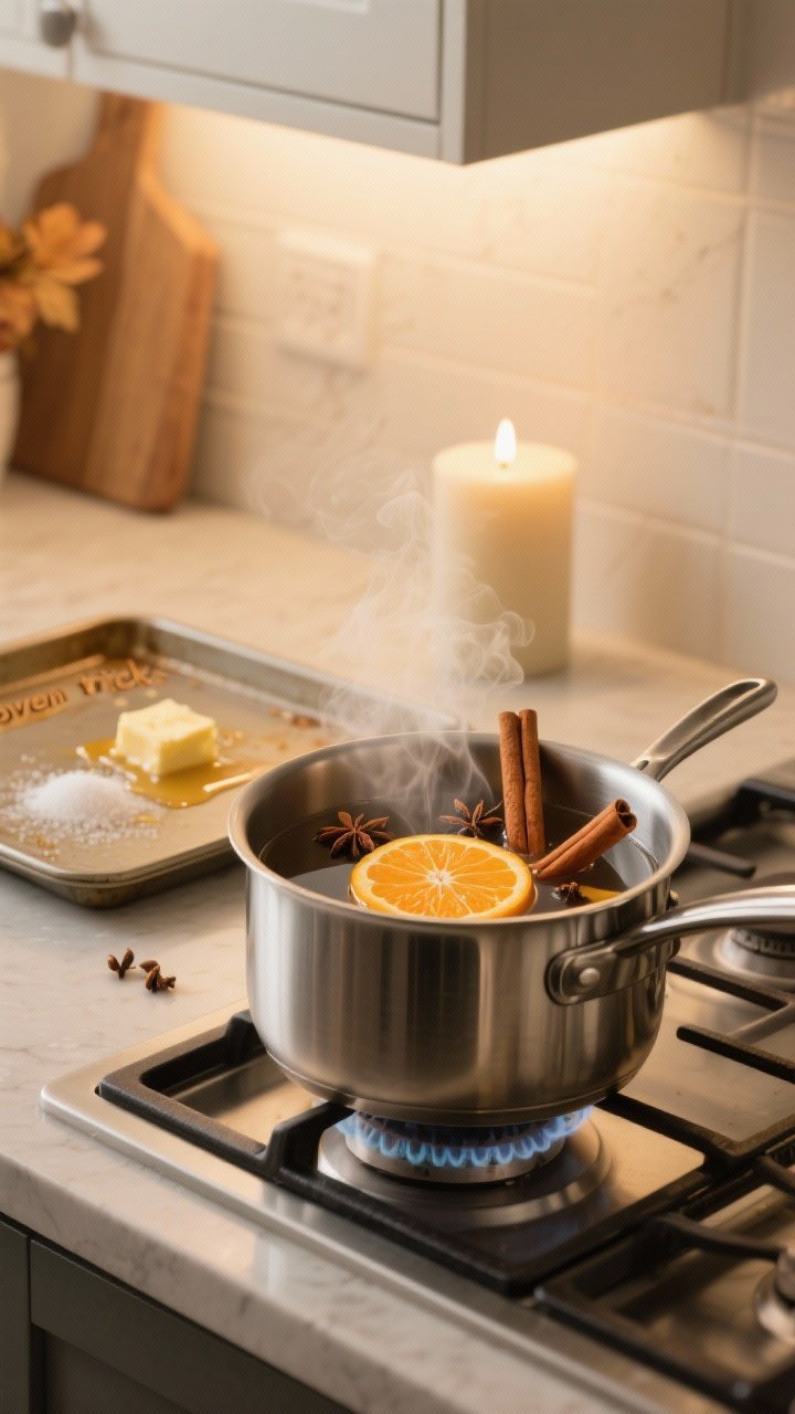 Photorealistic closeup of a stovetop simmer scene that evokes subtle fall scent: a stainless pot on low with visible orange slices, cinnamon sticks, whole cloves, and a splash of vanilla in the water; nearby, a small sheet pan showing the “oven trick” remnants of melted butter, sugar, and cinnamon; neutral unscented candle unlit in the background; warm soft-white ambient lighting at 2700–3000K casting a golden-hour glow on neutral countertops; intimate, cozy mood with gentle steam rising from the pot