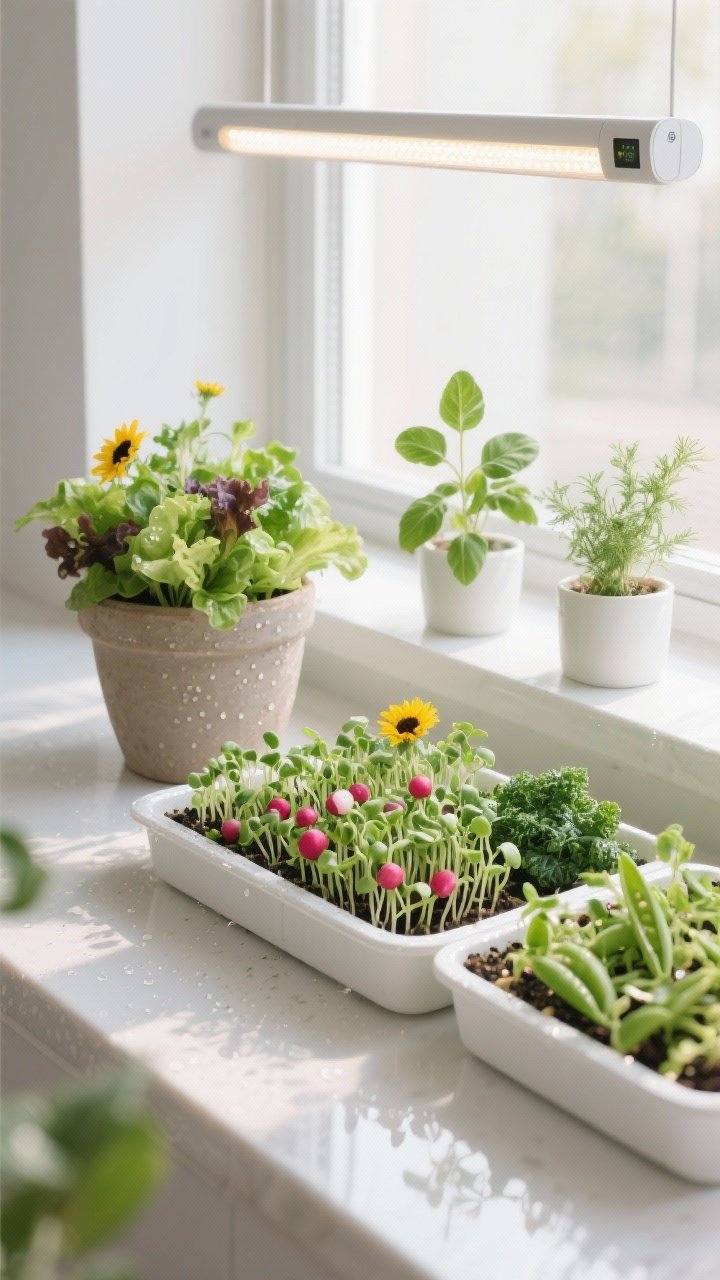 Photorealistic closeup of a sunny windowsill setup: shallow trays densely sown with microgreens (radish, pea, sunflower, kale) ready at 10–14 days, alongside a wide pot with a baby salad mix cut-and-come-again height and a trio of herbs (basil, cilantro, dill) for frequent snips. Include a compact LED grow light bar above to boost light. Crisp, clean indoor scene, white sill reflecting light back onto leaves, fine water droplets, no people.