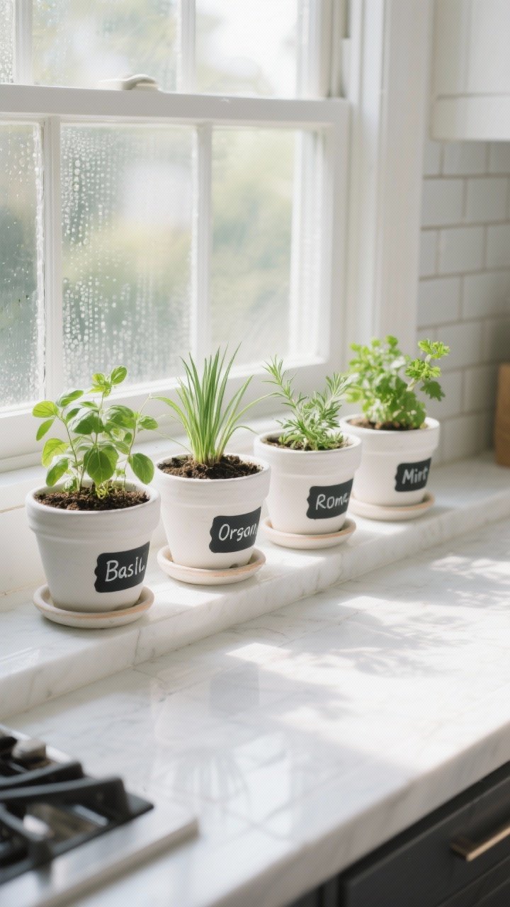 Photorealistic closeup of a windowsill herb bar in bright natural light: 4–6 inch matching pots with drainage and saucers lined up on a white sill; labeled with neat chalkboard stickers reading basil, thyme, rosemary, oregano on the sunny side, and mint, chives, parsley in slightly lower light toward the frame edge; condensation on the window hinting freshness; crisp detail on herb leaves and soil texture; clean kitchen tile backdrop softly blurred.