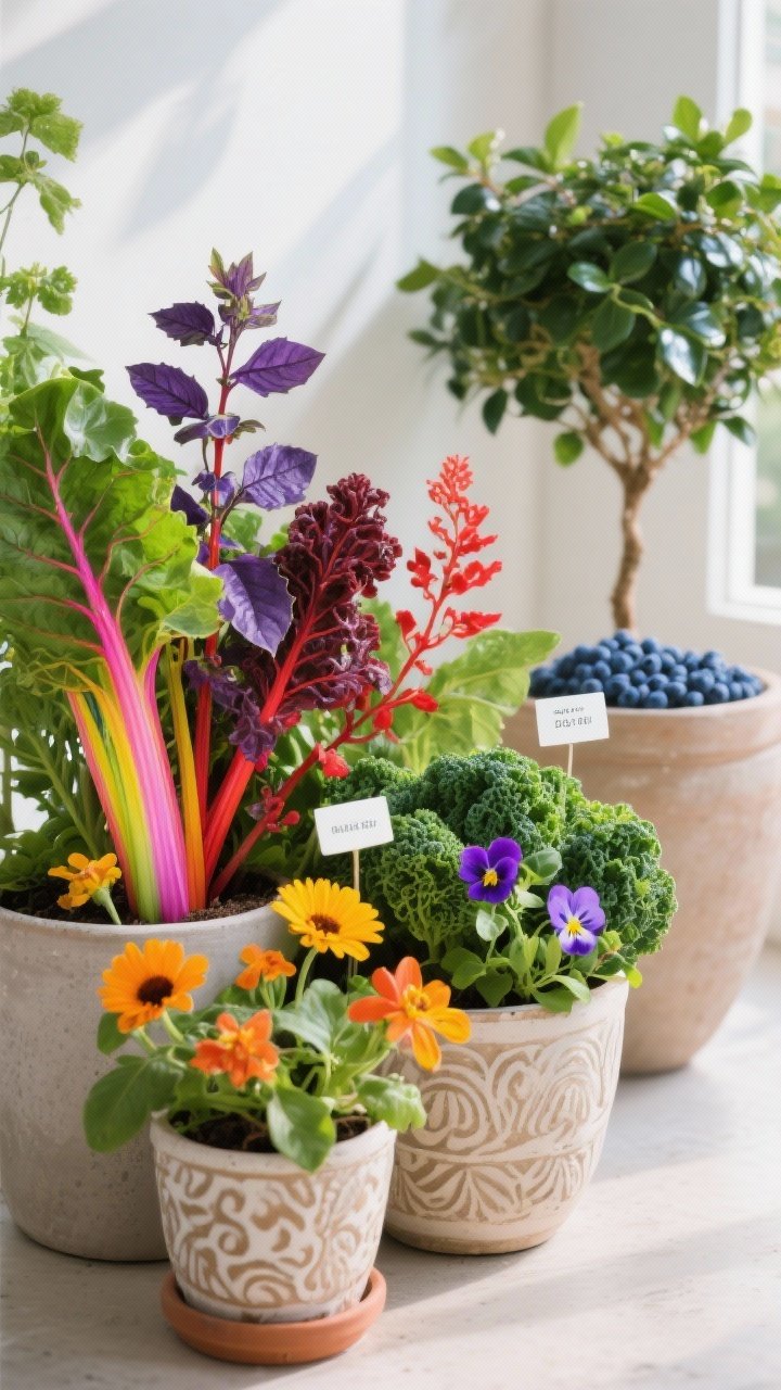 Photorealistic closeup of an edible-ornamental arrangement in decorative pots: rainbow chard with neon stems, purple basil, red mustard, and curly kale creating rich foliage contrasts; interplanted with calendula, nasturtiums, and violas for bright edible blooms; a small blueberry shrub in the background with glossy leaves; tidy plant labels indicating edibility; crisp daylight, saturated colors, and clean, pesticide-free vibe.