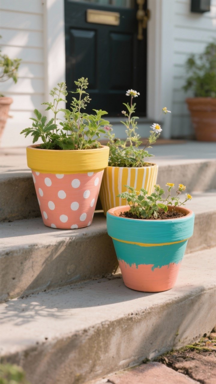 Photorealistic closeup of color-dipped terracotta pots clustered on outdoor steps near a front entry, shot at a slight corner angle. Bottom halves “dipped” in mustard, teal, and coral with a crisp painter’s-tape edge, matte finish, and a clear sealed sheen. Mix in two patterned pots—one with white polka dots on coral, one with mustard stripes—filled with herbs and small flowering plants. Soft natural afternoon light, shallow depth of field emphasizing the paint line and clay texture.