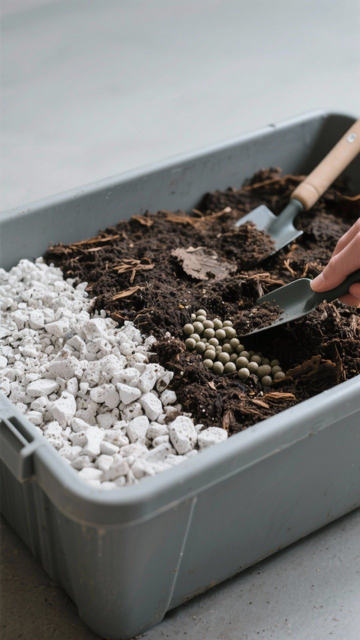 Photorealistic closeup of premium potting mix being prepped: a bin or tote showing layers and textures—high-quality potting mix base, white perlite or pumice for aeration, dark crumbly compost for nutrition, and a sprinkle of organic slow-release fertilizer pellets. Hand tools nearby, no people visible. Side angle with cool, even shade lighting to emphasize texture; a clean, minimal backdrop for clarity.