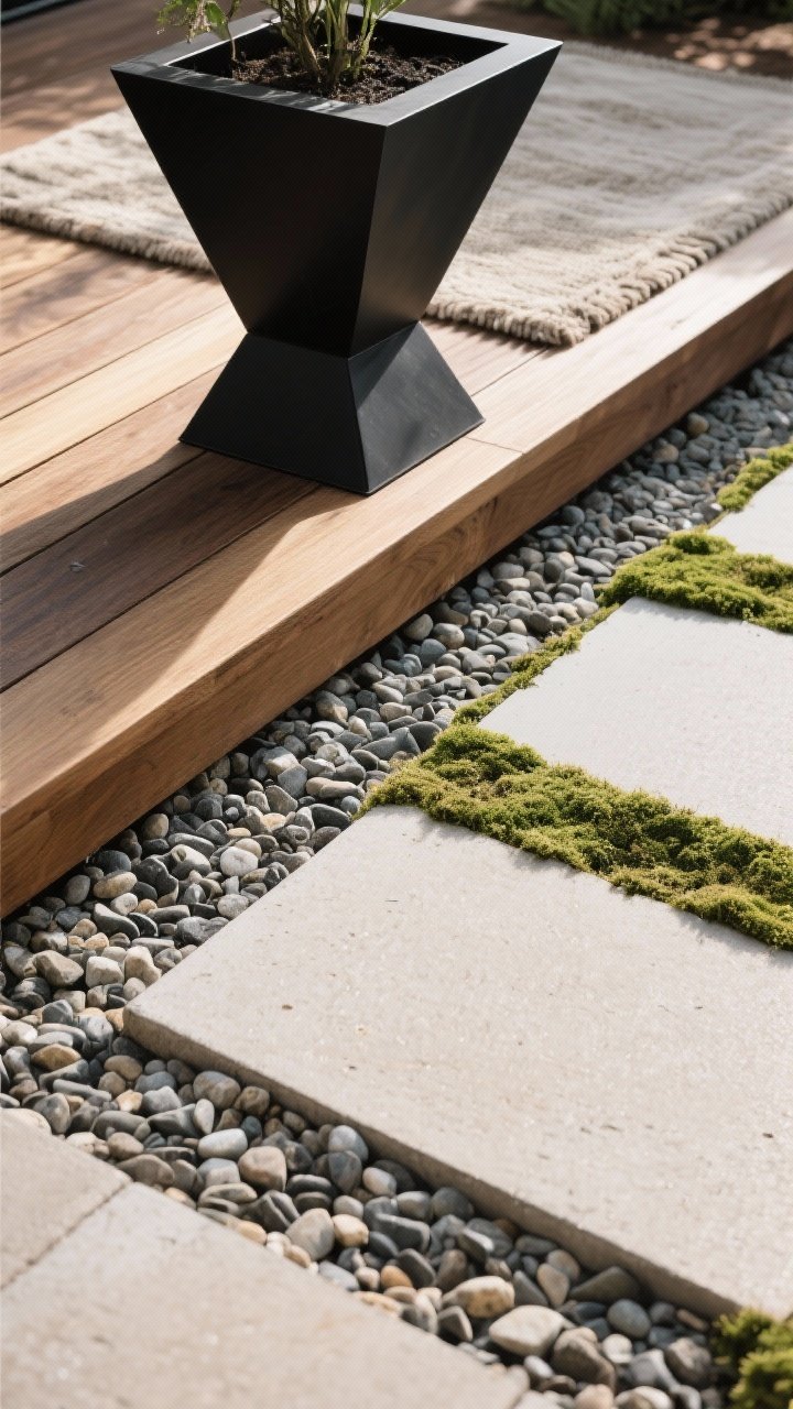 Photorealistic closeup texture study of the three-material rule: natural pea gravel meeting warm timber decking, contrasted with a sculptural black metal planter; a soft element via an outdoor rug edge and moss tucked between pavers; tight palette of two neutrals (wood and black) plus one accent; midday diffused light, overhead detail shot highlighting tactile contrast without visual clutter.