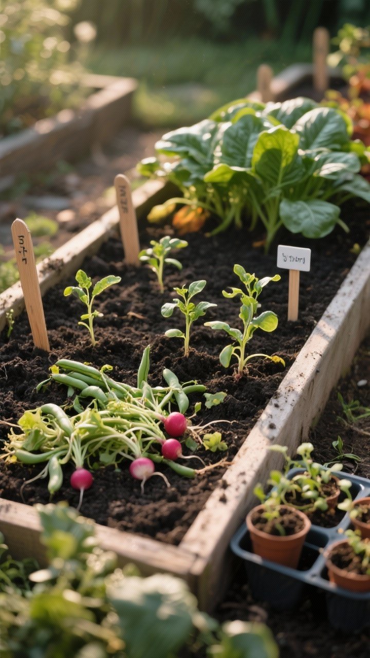 Photorealistic closeup timeline composition in one small bed, angled side view: labeled plant markers and visible successions—spent radish tops being cleared, young bush bean seedlings established, and nearby fresh spinach seedlings for fall. Include a tray of backup seedlings on standby in small pots ready to plug into gaps. Soft late-afternoon light, moist dark soil, simple wooden markers, subtle bokeh background of the garden, no people.
