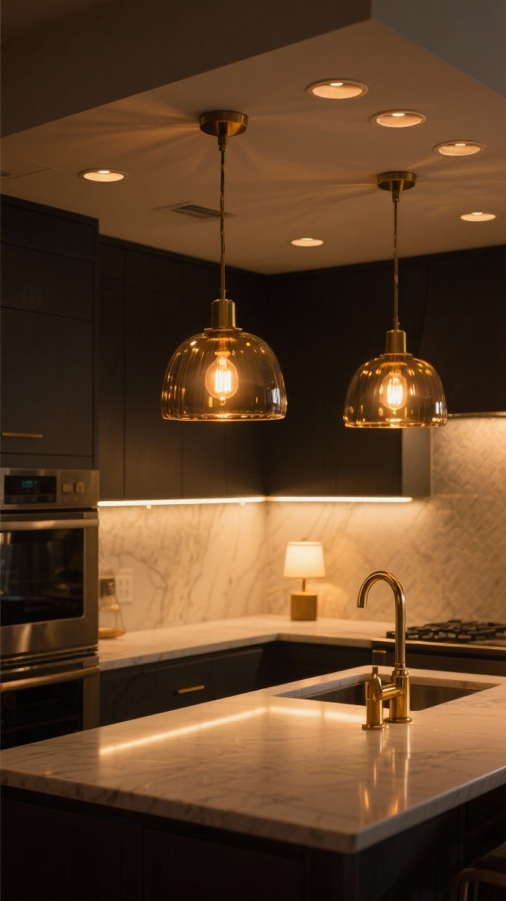 Photorealistic corner-angle medium shot of layered moody lighting in a kitchen: overhead recessed cans fitted with warm 2700K bulbs, a pair of smoked-glass brass pendants over the island, subtle under-cabinet LED task lighting illuminating the backsplash, and a tiny accent lamp on the countertop; overall golden-hour vibe with dimmable, warm LED Edison bulbs casting a soft amber glow; reflective highlights on brass, gentle shadows across the counters; no people, dramatic and cozy.
