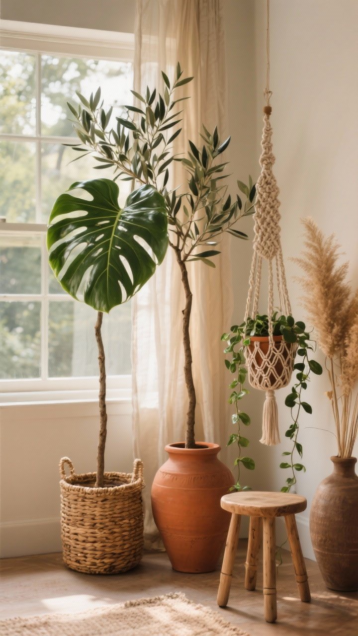 Photorealistic corner medium shot bringing the outdoors in: a cluster of three plants of different heights near a window—tall olive tree in a woven basket planter, lush monstera in terracotta, trailing pothos on a low stool; a macramé planter with a small trailing plant hangs in the corner adding height and texture. Warm natural light filtering through sheer curtains softens the scene; earthy tones and organic materials keep the boho vibe. Optional dried pampas in a large floor vase for zero-maintenance texture. No people.