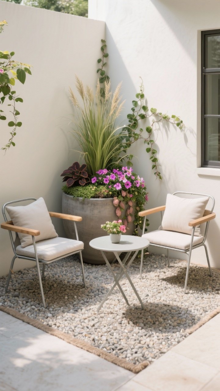Photorealistic cozy nook, medium shot: two clean-lined chairs (metal bistro or acacia wood) with a small round table on a compact outdoor rug over gravel, creating a defined zone. One oversized statement planter featuring a thriller-filler-spiller combo: tall grass or cordyline, filler petunias or begonias, and trailing sweet potato vine cascading over the edge. Limited color palette repeated in cushions, pot, and blooms for cohesion. Soft natural lighting, corner angle for depth.