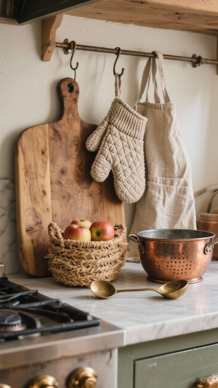 Photorealistic detail closeup emphasizing texture layering: a big wood cutting board leaning behind a stove as a warm backdrop, a chunky knit potholder and quilted oven mitts stacked beside a softly rumpled linen apron hanging from a hook, a small seagrass basket holding apples, and a vintage brass ladle resting against a copper colander; use an odd-number styling arrangement (3–5 items) on a compact counter vignette; side angle with shallow depth of field to highlight wood grain, metal patina, knit stitches, and linen weave; cozy, diffused daylight