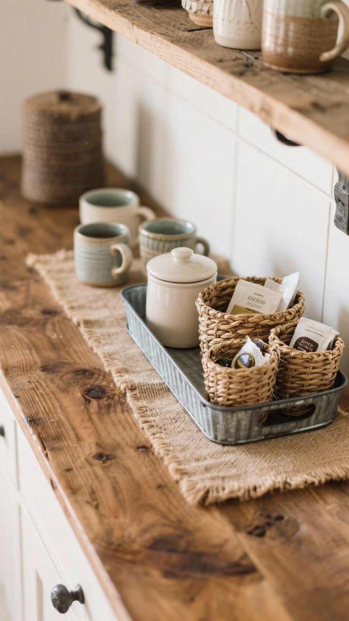 Photorealistic detail closeup focusing on layered textures for a cozy farmhouse coffee bar: a warm wood base surface with visible grain, a galvanized metal tray holding ceramic canisters, woven seagrass baskets containing coffee pods and tea sachets, and a natural linen/burlap runner underneath to soften and protect the surface; a few mismatched but charming ceramic mugs displayed; tight, intentional palette with two to three materials repeated; soft diffused daylight, shallow depth of field highlighting the interplay of rough and smooth finishes; angled corner perspective.