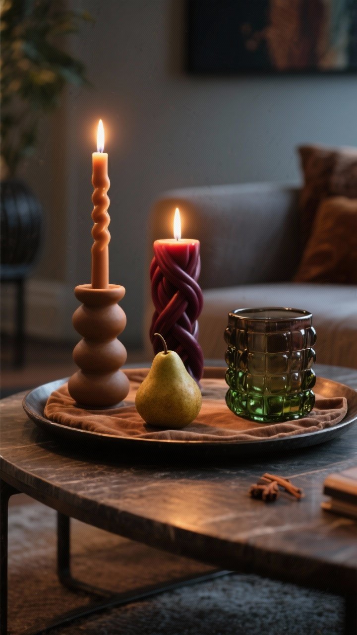 Photorealistic detail closeup, moody evening glow: a coffee table vignette featuring sculptural candles clustered on a round tray—one tall twist taper, one medium knot pillar, and one bubble cube—in rich autumn tones of caramel, oxblood, fig, and moss. Mix matte ceramic and smoky glass candleholders; a linen or velvet coaster layers beneath to anchor and protect the surface. Subtle woodsy/gourmand ambiance implied (cedar, spiced pear, brown sugar). Shallow depth of field, warm candlelight as primary illumination, no people, chic art-gallery vibe.