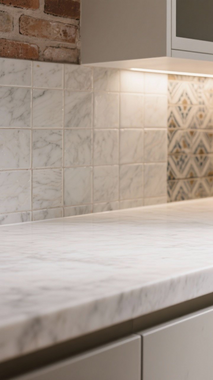 Photorealistic detail closeup of layered materials: a soft marble-look white quartz countertop meeting a zellige tile backsplash with subtle handmade variation, plus a thin brick feature edge in the background; focus on the tactile contrast—smooth quartz, imperfect glazed tiles, and matte brick; neutral tones with gentle highlights; side lighting to catch texture; shallow depth of field that keeps the grout lines and tile edges crisp while the thin brick surround softly recedes.