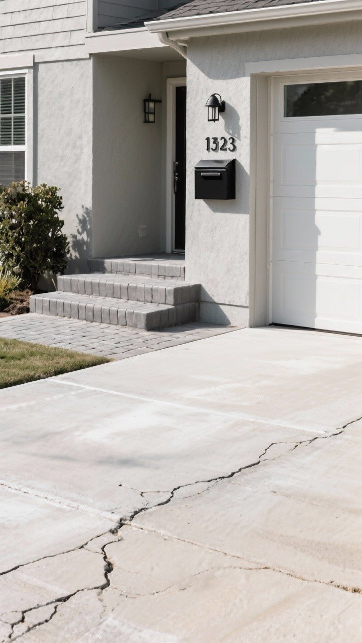 Photorealistic detail-focused medium shot of hardscape touchpoints at the entry drive: freshly power-washed concrete driveway with filled cracks and a clean, even finish; a small paver landing near the driveway for stepping out; concrete steps neatly stained in a neutral gray; sleek matte black house numbers and a modern mailbox with matching brushed metal accents; cohesive finishes and clean lines, midday light for clarity
