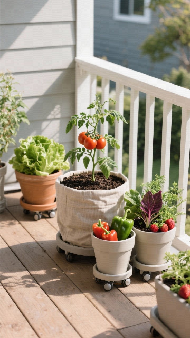Photorealistic detail/medium shot of a container garden on a small deck: large 5-gallon fabric pot with a dwarf tomato; 2–3 gallon resin pots with peppers; wide pot mixing lettuce, chard, strawberries, and herbs. Show light, breathable fabric texture, high-quality potting mix, and several planters on rolling caddies positioned to chase the sun. Clean, modern aesthetic, late-morning natural light, subtle wood deck grain, no people.