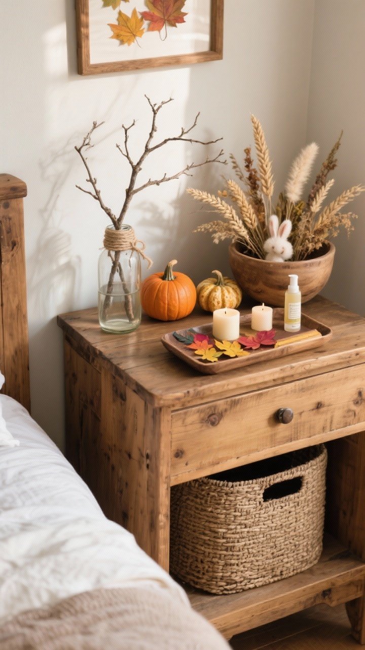 Photorealistic detail/overhead shot: a styled wooden nightstand and dresser top with nature-inspired accents—branches in a simple glass jar vase (upcycled jar wrapped with twine), mini pumpkins and gourds in a rustic wooden bowl, dried florals (pampas, wheat, bunny tails) in a ceramic vessel, and a textured basket tucked below for storage; a thrifted wooden tray corralling candles, a book, and lotion; pressed colorful fall leaves framed as free seasonal art leaning against the wall; soft afternoon light, earthy tones, tactile textures; no people.
