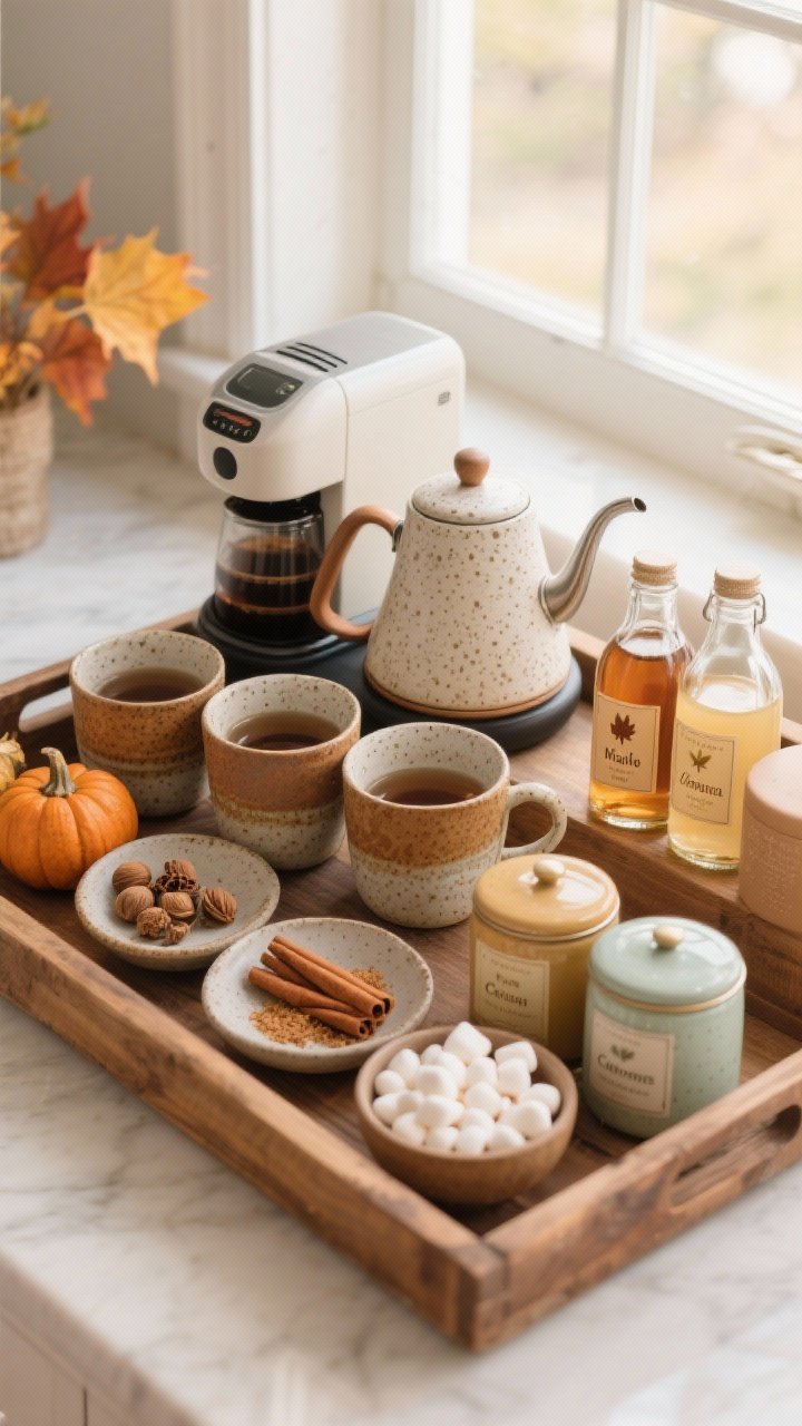 Photorealistic detail/overhead shot of a curated fall coffee/tea station on a wooden tray: a compact coffee maker beside a gooseneck kettle, speckled stoneware mugs in earthy glazes, labeled glass bottles of maple, cinnamon, pumpkin spice, and vanilla syrups; small dishes with cinnamon sticks, grated nutmeg, and a bowl of mini marshmallows; pretty tea canisters for chai, apple cinnamon, and earl grey coordinated to a warm palette. Soft morning window light, crisp styling, minimal surrounding clutter, no people.