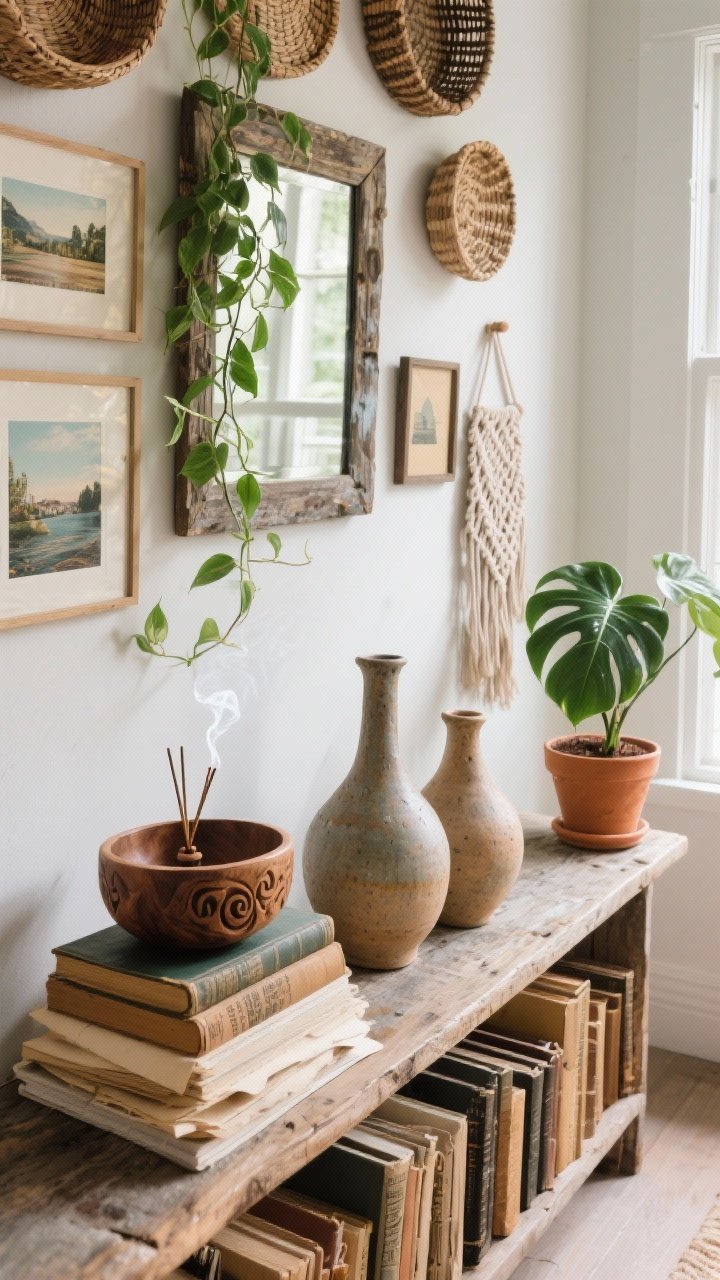 Photorealistic detail/overhead styling shot on a rustic console: stacked vintage books, a carved wood bowl holding incense with a thin curl of smoke, and hand-thrown pottery vases with perfectly imperfect shapes; partial view of a gallery wall above mixes woven baskets, small travel prints, and a rustic mirror with weathered frame; greenery adds life—pothos trailing from a macramé hanger at the edge and a rubber plant in a terracotta pot anchored below; soft window light highlights patina and paper textures; overhead-to-oblique angle for a collected-over-time feel, no clutter