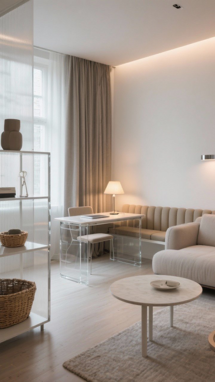 Photorealistic detail-to-medium shot of a double-duty studio living space with clear zones: sofa floated mid-room with a narrow desk placed back-to-back behind it, a table lamp on the desk illuminating both the work and lounge areas; a cozy dining nook with a wall-hugging banquette or two slim benches around a round table; a low open shelving unit acting as a light-permeable divider styled with baskets and a few curated objects; cohesive color palette across zones (three main colors, two to three metals, lots of texture), including clear glass/acrylic touches for visual lightness; tall curtains hung high to elongate walls; balanced mix of daylight and warm task lighting; captured from a corner angle to show distinct zones reading as one unified space