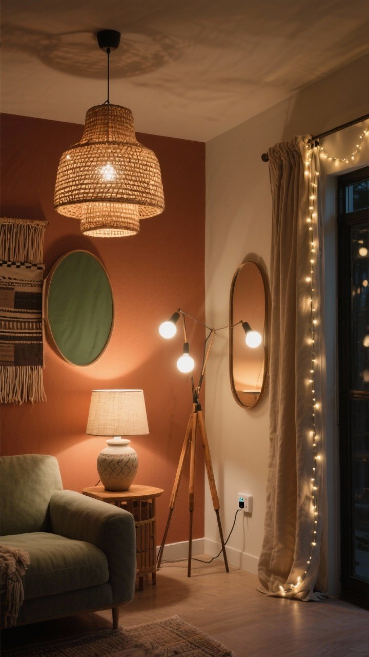 Photorealistic evening wide shot of a boho living room lit like a mood board with layered lighting: a sculptural rattan/woven pendant as the statement shade overhead, a ceramic table lamp with linen shade on a side table, and a tripod floor lamp balancing the opposite side. String lights run along the curtain rod and softly drape over a mirror, kept minimal to avoid clutter. All bulbs glow warm white (2700–3000K) for cozy ambiance. Include a smart plug on the outlet near the floor for a subtle budget-tech touch. Materials repeat—rattan, linen, wood—within a relaxed terracotta, sage, cream, and charcoal palette; shot from a corner angle to capture depth and multiple light sources.