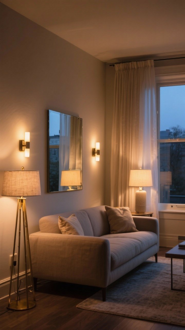 Photorealistic evening wide shot showcasing layered lighting in a small living room: plug-in sconces mounted higher on either side of the sofa bounce warm 2700–3000K light; a brass floor lamp in one corner pairs with a linen-shade table lamp in the opposite corner for balanced illumination; a large mirror positioned across from a window reflects lamp light to amplify brightness; sheer curtain panels hung high and wide soften the window and visually expand the wall; overall cozy, flattering glow with dimmed ambiance, captured from a corner angle to show all light sources working together.