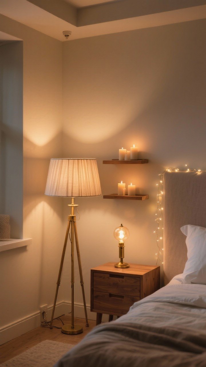 Photorealistic medium bedroom corner scene emphasizing warm layered lighting: a bedside table with a linen or pleated lampshade glowing at 2200–2700K, a brass floor lamp with a warm bulb, and a tiny accent lamp on a shelf; dim ambient glow from flameless candles and a short strand of micro fairy lights draped subtly over a headboard; soft, flattering illumination with no harsh overhead lights; cozy, calming mood; neutral palette with natural wood nightstand; slight vignetting; no people; shot from a 45-degree corner angle to show multiple light sources