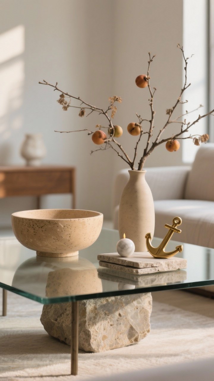 Photorealistic medium closeup at table height of “Organic Meets Modern: Stone + Branches” on a glass coffee table: anchor with a low, wide travertine bowl in warm sand tones, accompanied by a chunky stone coaster stack. Provide height with a slim unglazed ceramic vase holding dried asymmetrical branches (quince or birch), slightly leaning for an effortless vibe. Add one polished accent for contrast—a brass wick trimmer or marble sphere—keeping materials to two max (stone + ceramic, touch of brass). Warm neutral palette: sand, oatmeal, greige, hint of caramel. Side daylight with soft shadows to ground the glass table and emphasize organic textures.