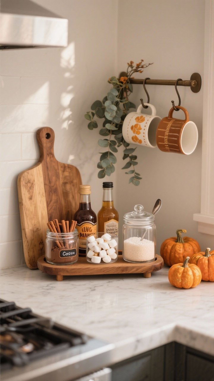 Photorealistic medium, corner-angle shot of a mini fall coffee and cocoa bar styled on a kitchen counter. A wooden cutting board serves as a base tray holding clear labeled jars of cocoa powder, cinnamon sticks, marshmallows, and a lidded sugar jar, plus bottles of pumpkin spice, maple, and vanilla syrup with a tiny spoon rest beside them. Two to four mix-and-match seasonal mugs on a small stand with a couple hanging from hooks. A sprig of eucalyptus and a few mini faux pumpkins add decor. Balanced, clutter-free arrangement; warm indoor lighting with gentle shadows; inviting, café-like vibe; no people.