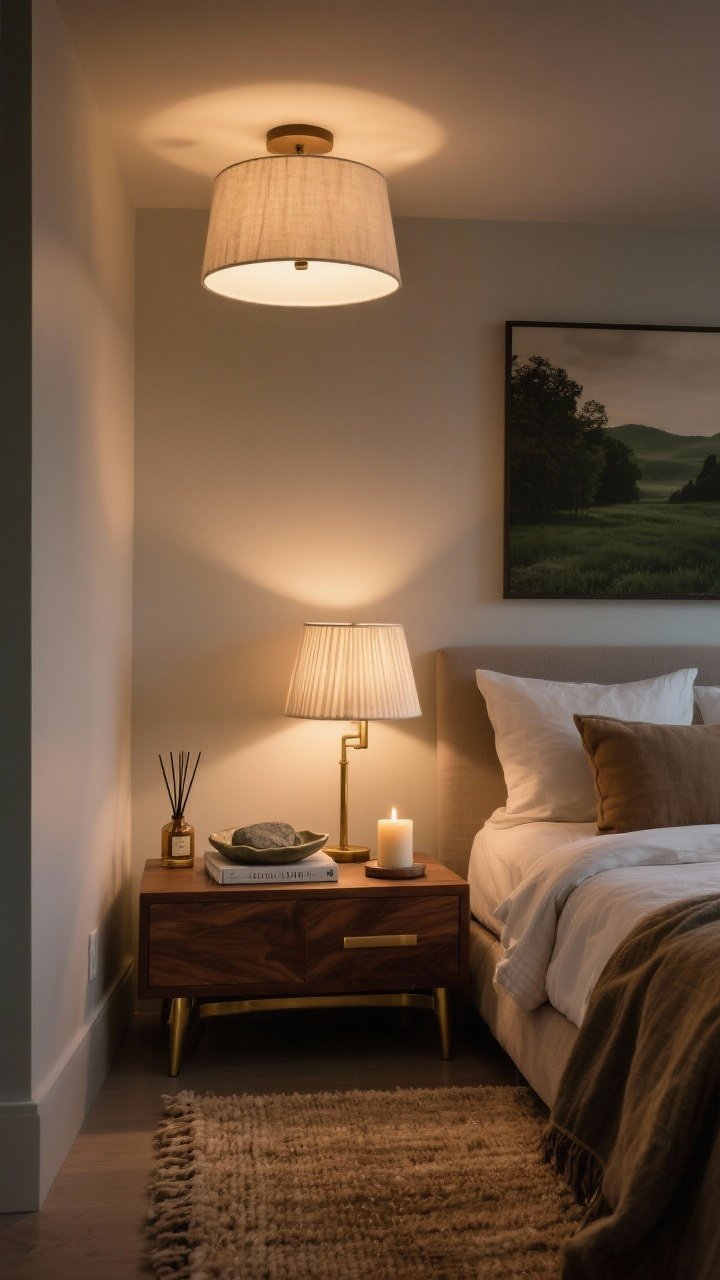 Photorealistic medium corner shot capturing sensory layers: a dimmable overhead fixture set low, bedside lamps with linen or pleated shades casting a warm 2700–3000K glow, and a small accent light (picture light or candle lamp) for layered illumination. On the nightstand, a ceramic tray, stone coaster, and a cloth-bound book; one candle and one reed diffuser in cedar/cardamom/chai/smoked vanilla scent (labels minimal). Underfoot, a low-pile wool or nubby jute-wool blend rug. Walnut and brass accents, plus a moodier landscape in deep greens or a sepia photo on the wall. No people; cozy, intimate evening ambiance.