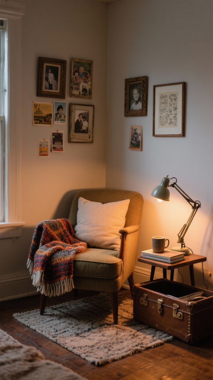 Photorealistic medium shot: a curated cozy corner you’ll actually use—thrifted accent chair with a bold textured throw and a single plush pillow, a small rug defining the zone, a crate or vintage suitcase used as a side table holding a mug and book, and a compact task light (clamp lamp or small table lamp) casting a focused warm glow; a mini gallery of thrifted frames on the wall with family photos, postcards, and printables; corner angle composition, warm and intentional styling, evening ambiance; no people.