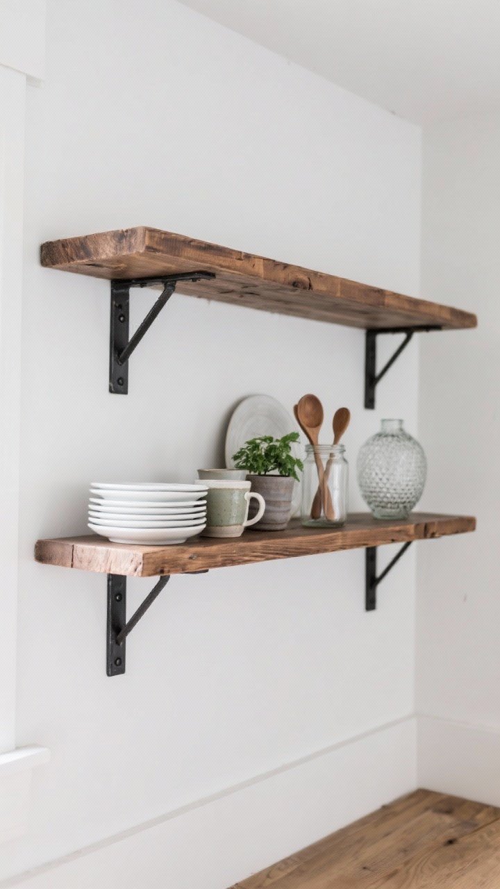 Photorealistic medium shot: a rustic open kitchen shelf installation on a white wall, shown straight-on. Two thick pine boards with a warm walnut stain and clear matte finish rest on matte black industrial brackets anchored into studs. Styling is minimal: a neat stack of white ceramic plates, a few mismatched ceramic mugs, a small green potted plant, a clear glass jar holding wooden spoons, and one textured glass piece to mix materials. Soft natural daylight from the left, visible wood grain and matte textures, clean lines, airy farmhouse vibe, negative space around objects, no clutter.