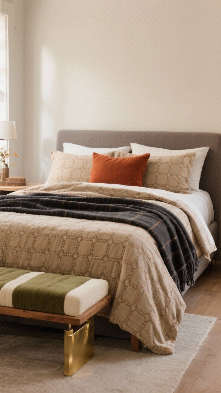Photorealistic medium shot: a tidy bed styled for fall with swapped linens—flannel or brushed microfiber sheets in a subtle pattern and a solid duvet cover; color palette option showcased as Oat + Rust + Charcoal with rust-toned pillows, oat duvet, and charcoal throw; a secondary vignette at the foot shows Olive + Cream + Brass accents on a wooden bench; include neatly ironed bedding with a slight sheen like it’s been spritzed with fabric spray; soft, warm daylight; minimal decor so the linens are the star; straight-on perspective, no people.