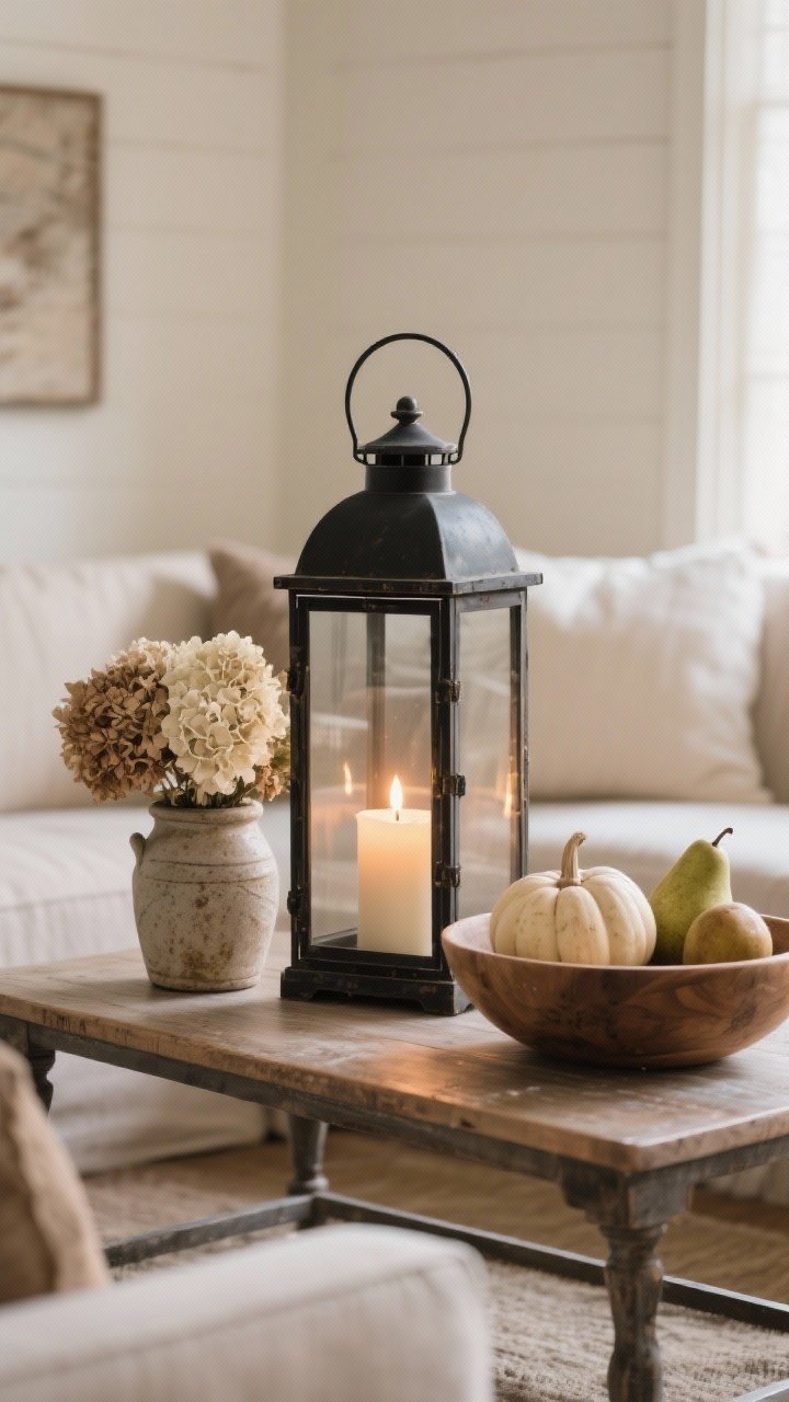 Photorealistic medium shot anchored by one statement piece on a farmhouse coffee table: a slightly off-center oversized black metal lantern with a flameless candle glowing warmly inside, providing height and presence. Surrounding it, minimal supporting accents: an antique stoneware crock with dried hydrangeas in muted ivory and tea-stain tones, and a wooden dough bowl with a few pale gourds and faux pears. Straight-on view from sofa height, neutral backdrop, soft natural light, emphasis on asymmetry and the hero object. Warm, cozy, collected mood, no people.