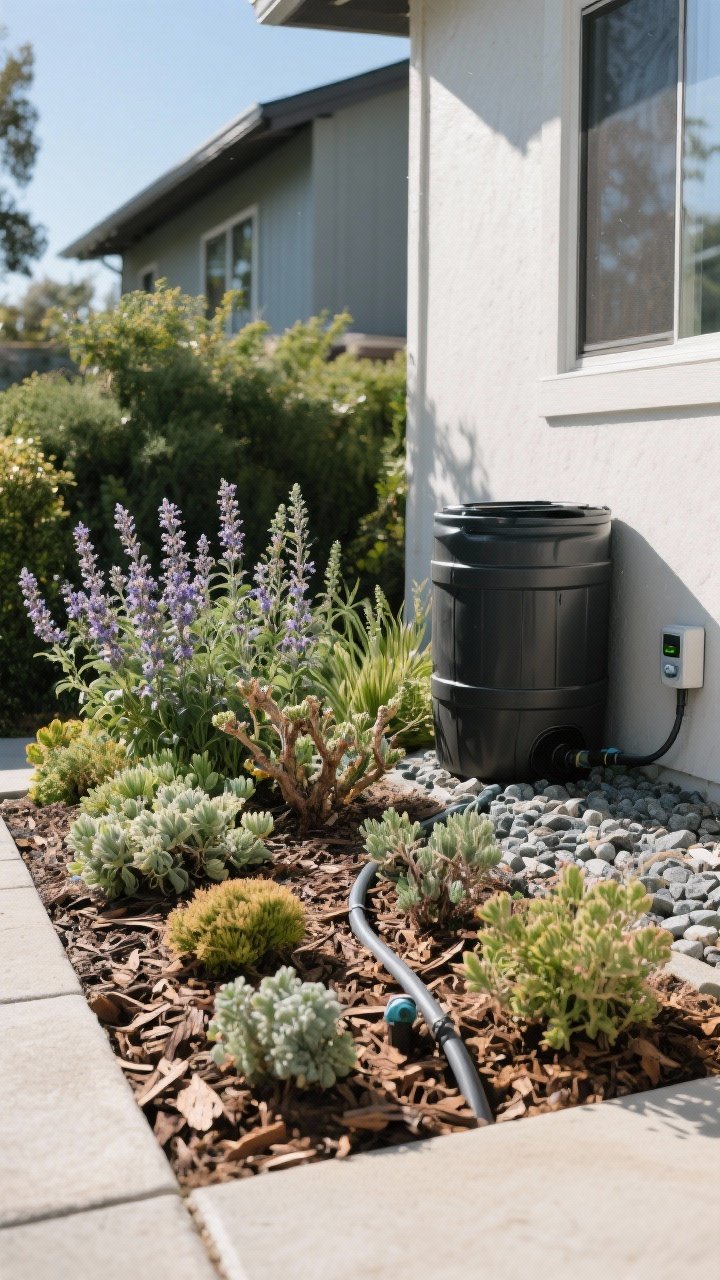 Photorealistic medium shot focused on sustainable, low-maintenance planting: mixed bed of climate-appropriate natives and drought-tolerant species—yarrow, salvia, sedum, and manzanita—mulched with shredded bark and pockets of gravel for modern texture; discreet drip irrigation emitters tied to a smart controller; a sleek, dark-toned rain barrel tucked beside the house; bright, clear daylight highlighting healthy, low-water foliage, slight corner angle.