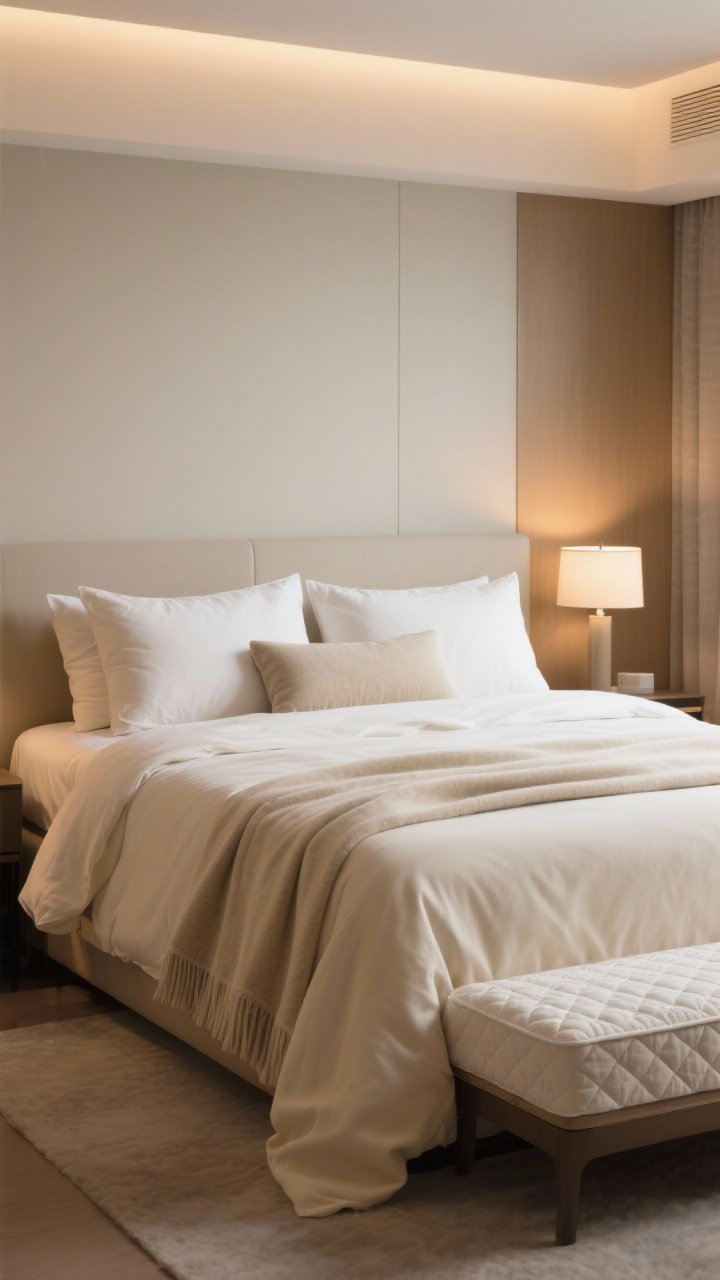Photorealistic medium shot focused on the bed as the star: flannel or sateen sheets (choose sateen in soft cream with subtle sheen), a lightweight duvet layered with a folded quilt at the foot for adjustable warmth, pillow strategy visible—two supportive standard pillows behind two euro pillows, plus one long lumbar for style; a light weighted blanket neatly placed at the end; optional plush mattress topper effect for hotel-like loft; warm, cozy bedside lamp lighting without harsh overheads, emphasizing comfort and breathability.