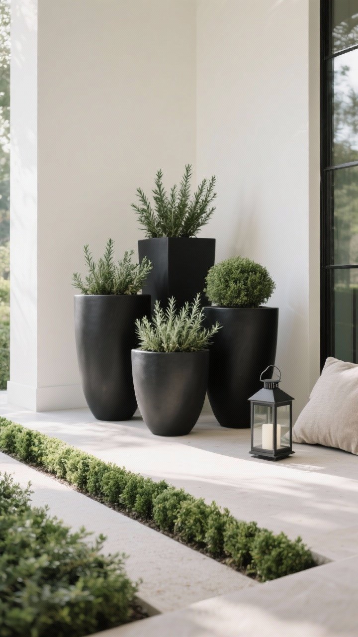 Photorealistic medium shot focusing on repetition for impact: three identical black planters grouped together at staggered heights, each planted with the same variety (e.g., compact rosemary or boxwood), forming a calm, confident vignette; a mini rosemary or boxwood border framing a path like low hedging; subtle color echo of the hero hue in a lantern and a cushion nearby; soft natural daylight, straight-on view for orderly symmetry.