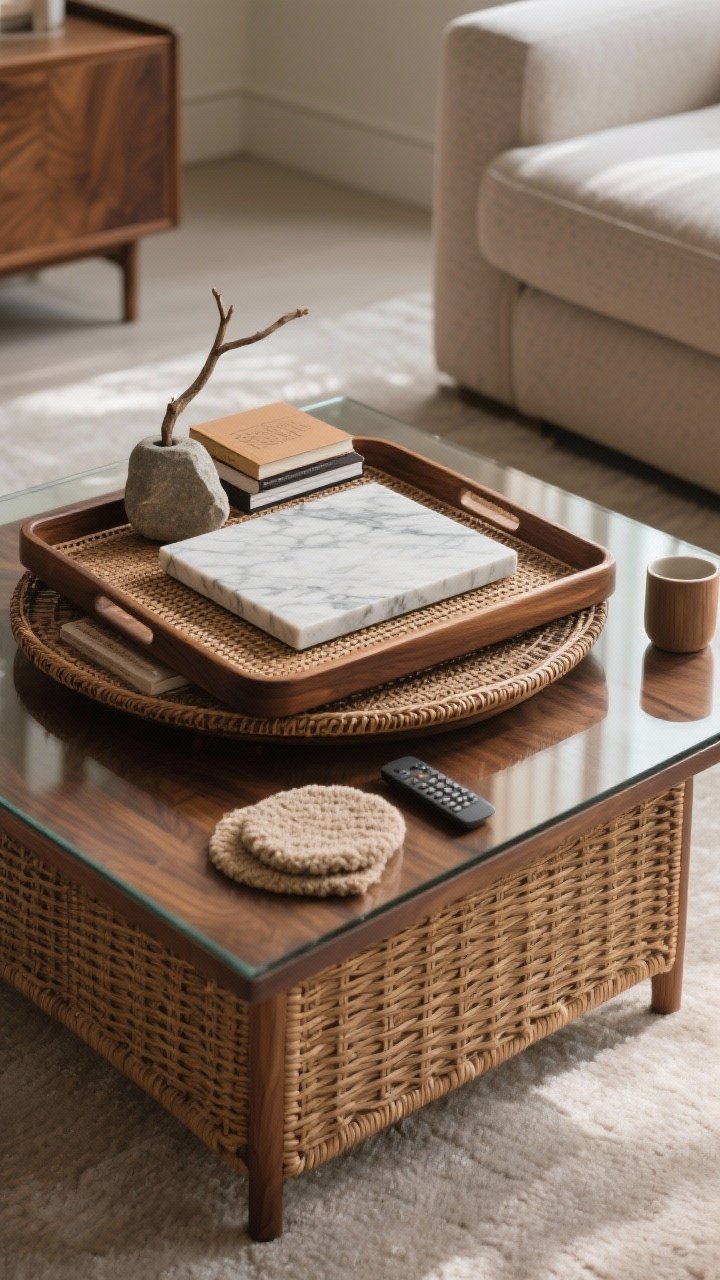 Photorealistic medium shot from a slight corner angle: a styled coffee table showcasing layered trays and textures. A larger base tray in rattan sits atop a walnut table, with a smaller marble slab centered on it for contrast. Apply the 3-2-1 rule: three curated objects on the main tray, two stacked books next to it, one organic element like a smooth stone or a single branch. Leave a clean negative-space zone for a mug and remote. If the table is glass, include warm accents like wicker, wood, and boucle coasters to counter coolness. Soft afternoon natural light, refined yet edited composition.