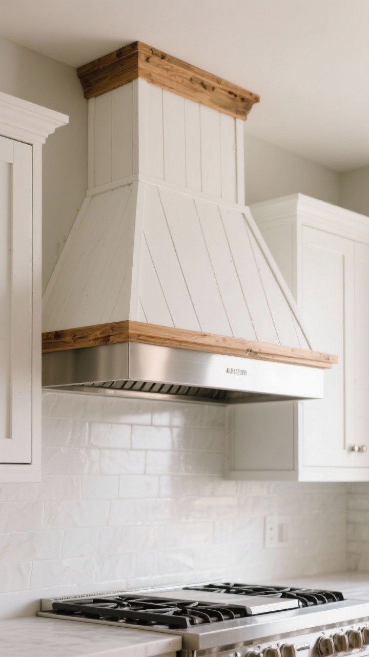 Photorealistic medium shot from a slight upward angle: a farmhouse-style range hood cover built over an existing stainless hood. The cover has a clean, tapered form framed with 1x2 lumber, skinned in horizontal shiplap panels, painted to match the surrounding cabinets in soft white; a small natural oak trim band near the bottom adds warmth. The hood visually draws the eye up, with upper cabinetry and a bit of backsplash visible. Soft, even ambient kitchen lighting, subtle shadows in panel grooves, crisp edges, careful clearances above the cooktop. Understated, custom farmhouse character under an $80 materials feel, no people.